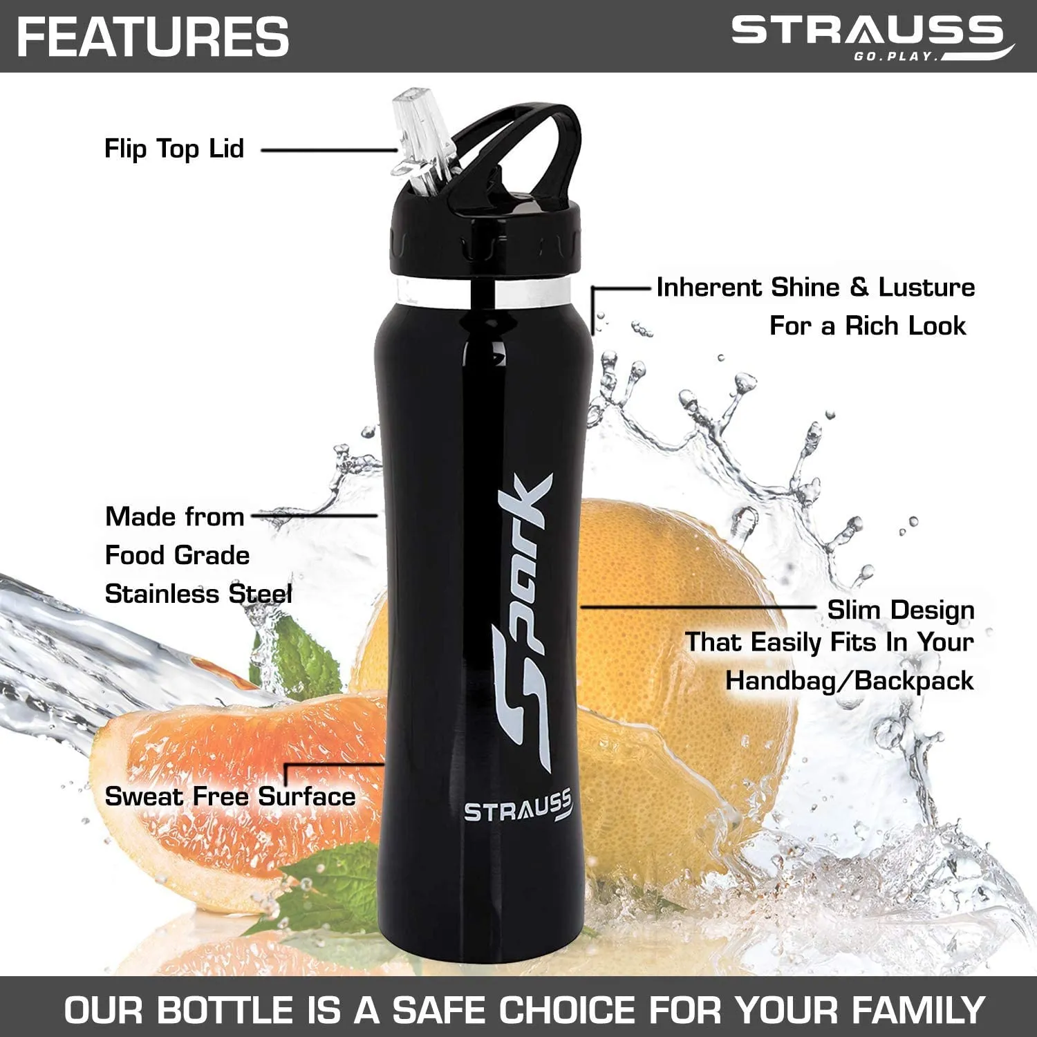 STRAUSS Spark Stainless Steel Water Bottle, Metal Finish | Sipper Bottle | Gym Bottle