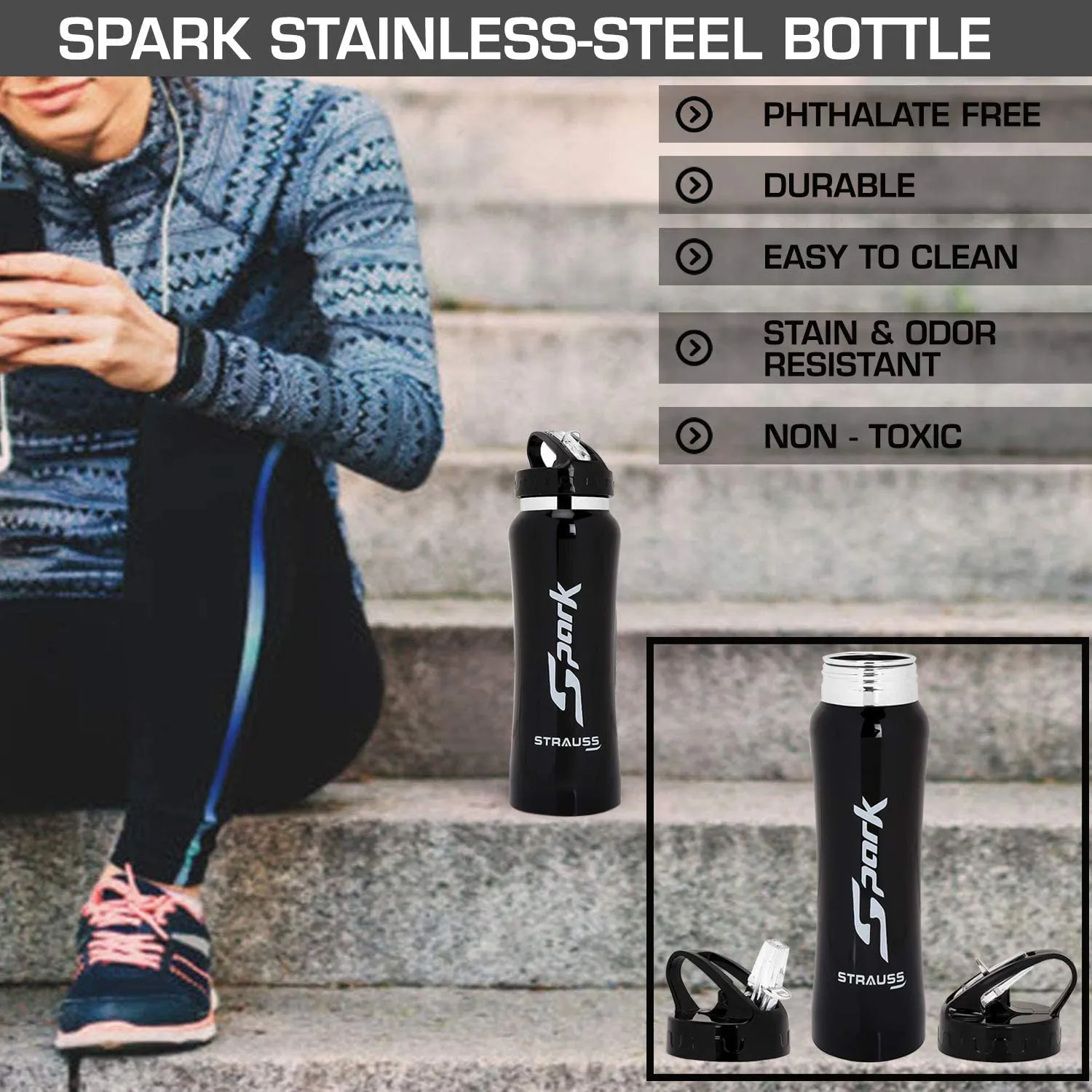 STRAUSS Spark Stainless Steel Water Bottle, Metal Finish | Sipper Bottle | Gym Bottle