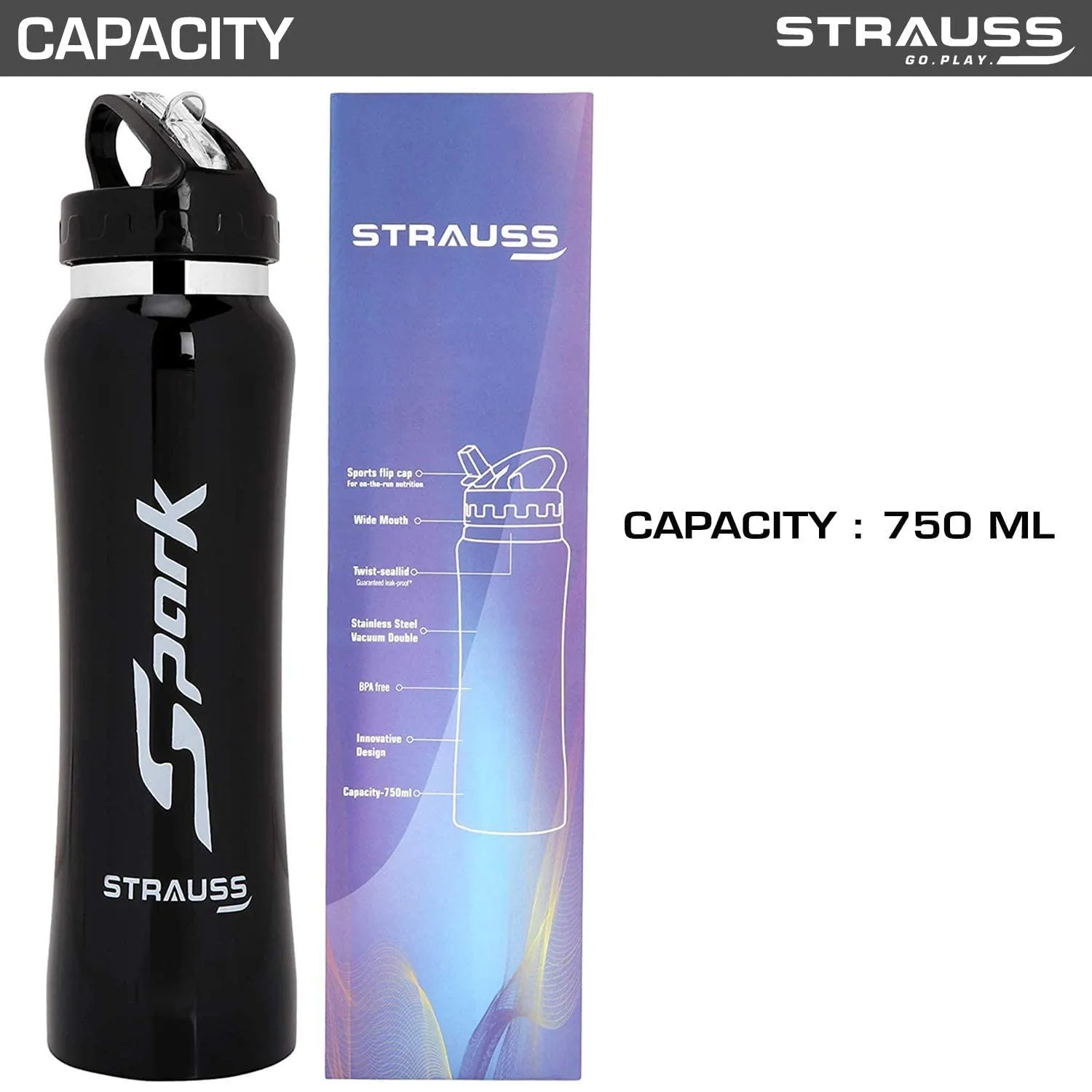 STRAUSS Spark Stainless Steel Water Bottle, Metal Finish | Sipper Bottle | Gym Bottle