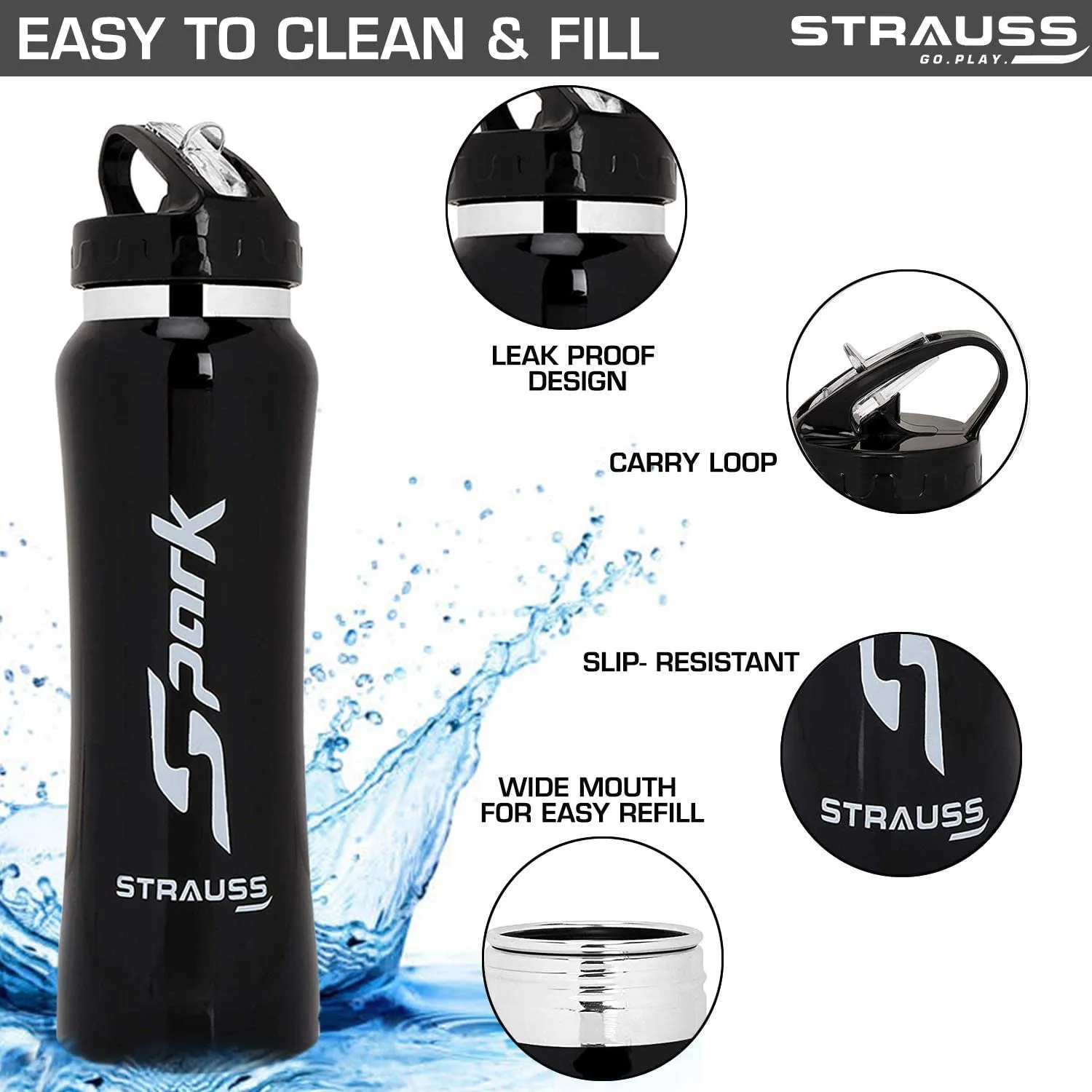 STRAUSS Spark Stainless Steel Water Bottle, Metal Finish | Sipper Bottle | Gym Bottle