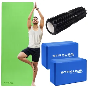 STRAUSS Yoga Combo Kit (1 Yoga Mat, 2 Yoga Blocks, 1 Foam Roller) | Green EVA Yoga Mat (6mm), 2 EVA Foam Blue Yoga Blocks, Grid Pattern Black Foam Roller | Ideal for Yoga & Training