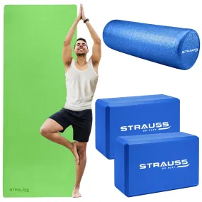 STRAUSS Yoga Combo Kit (1 Yoga Mat, 2 Yoga Blocks, 1 Foam Roller) | Green EVA Yoga Mat (6mm), 2 EVA Foam Blue Yoga Blocks, High Density Blue Foam Roller | Ideal for Yoga & Training