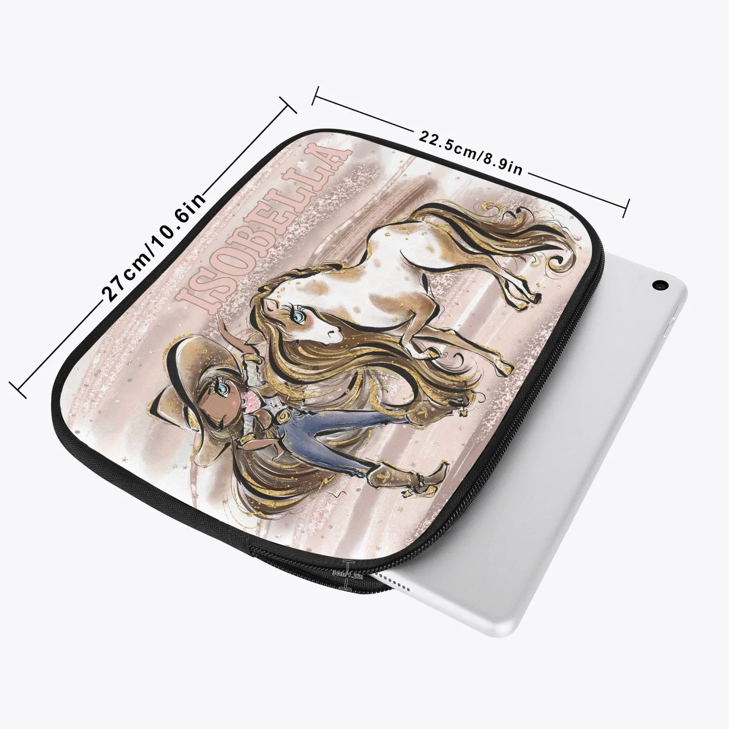 Tablet Sleeve - Howdy, Cowgirl and Horse, Brunette Hair, Olive Skin, Blue Eyes