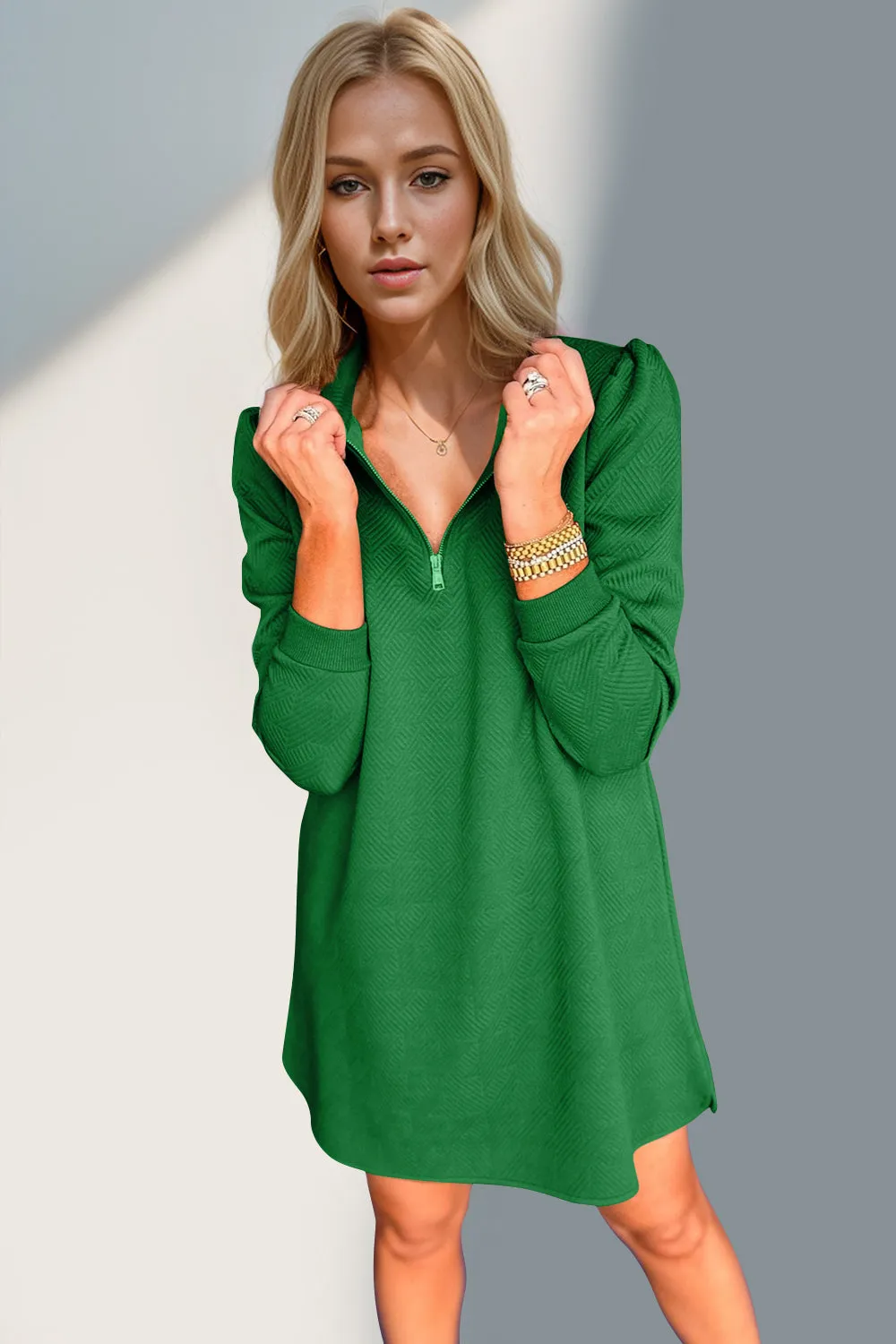 Textured Quarter Zip Long Sleeve Dress