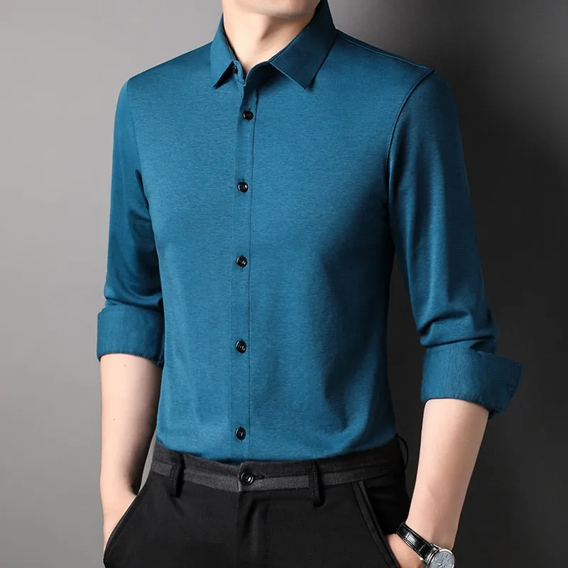 Top Grade Mulberry Silk 5.2% New Slim Fit Fashion Designer Brand Luxury Men Shirts Long Sleeve Plain Casual  Mens Clothes