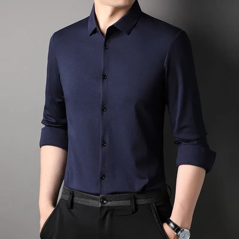 Top Grade Mulberry Silk 5.2% New Slim Fit Fashion Designer Brand Luxury Men Shirts Long Sleeve Plain Casual  Mens Clothes