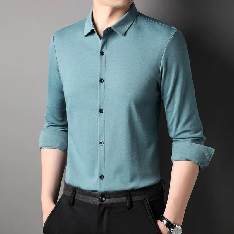 Top Grade Mulberry Silk 5.2% New Slim Fit Fashion Designer Brand Luxury Men Shirts Long Sleeve Plain Casual  Mens Clothes