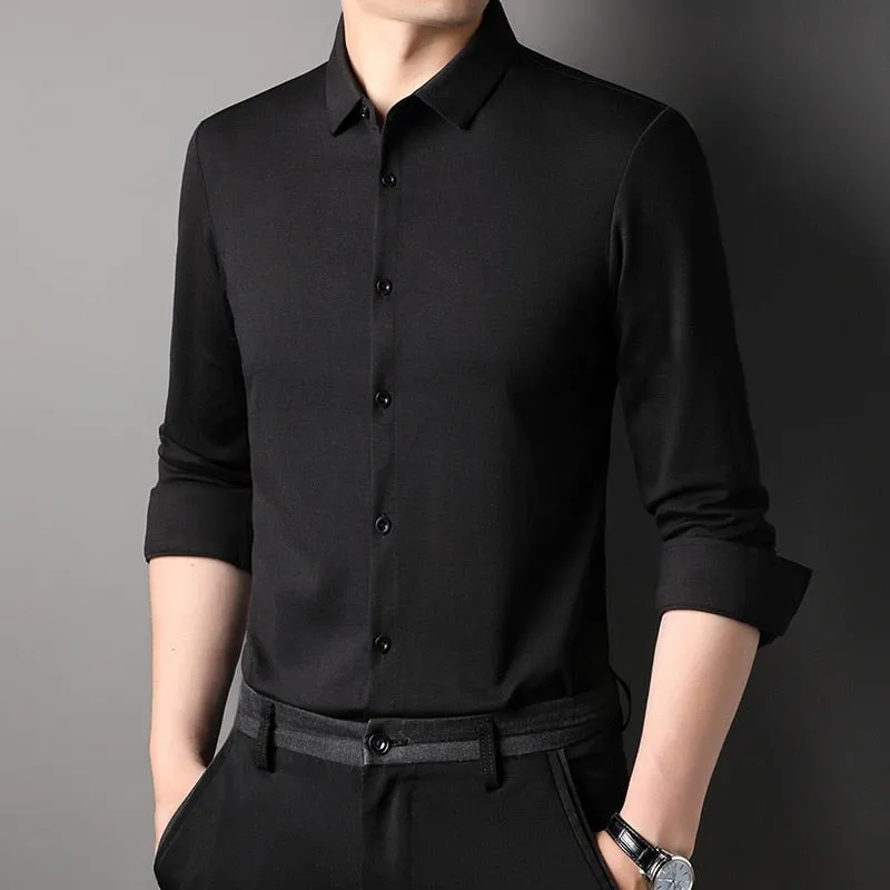 Top Grade Mulberry Silk 5.2% New Slim Fit Fashion Designer Brand Luxury Men Shirts Long Sleeve Plain Casual  Mens Clothes