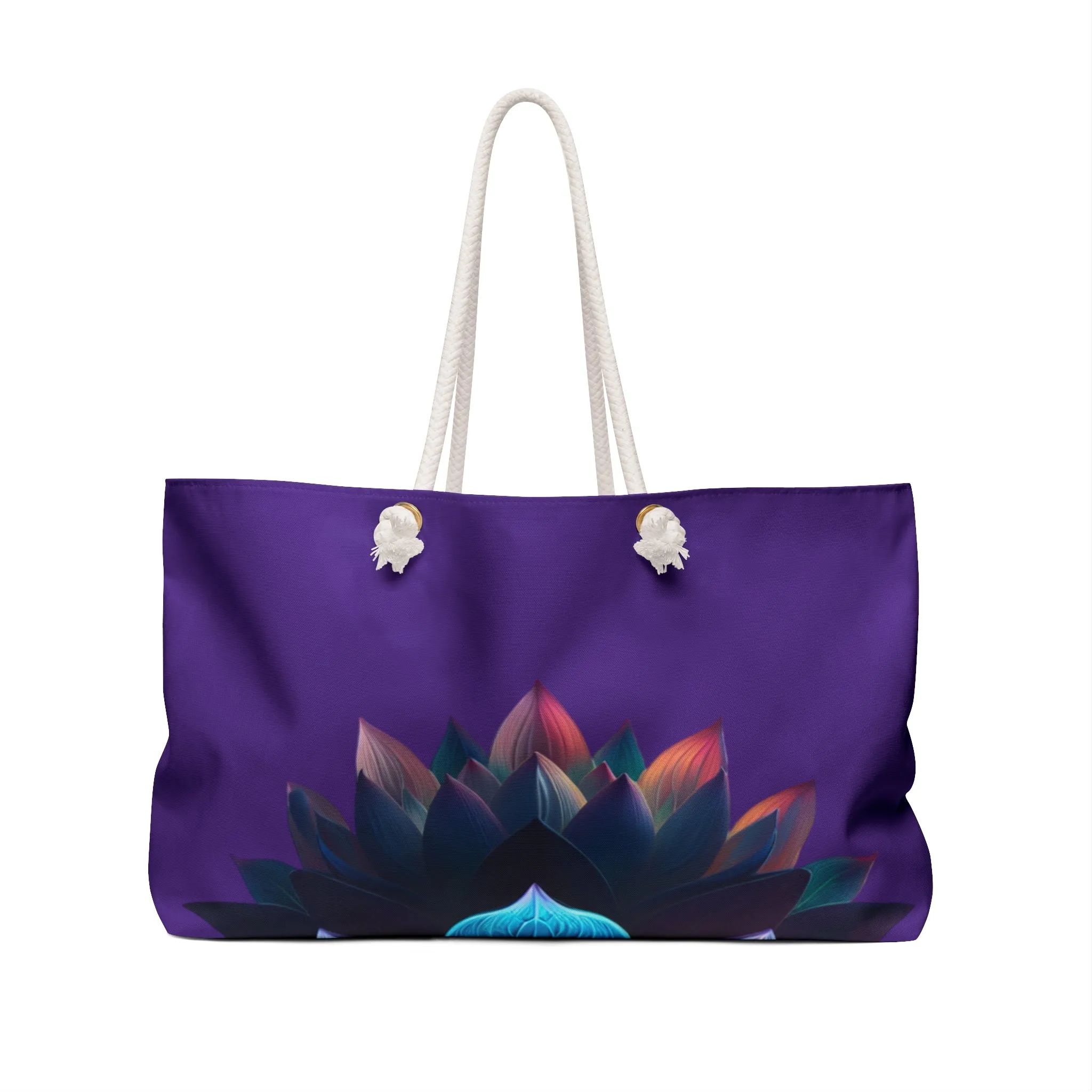 Tote Bag: Priti’s Colorful Lotus Reflection Weekender Bag in Deep Purple - Perfect for Travel & Yoga Retreats