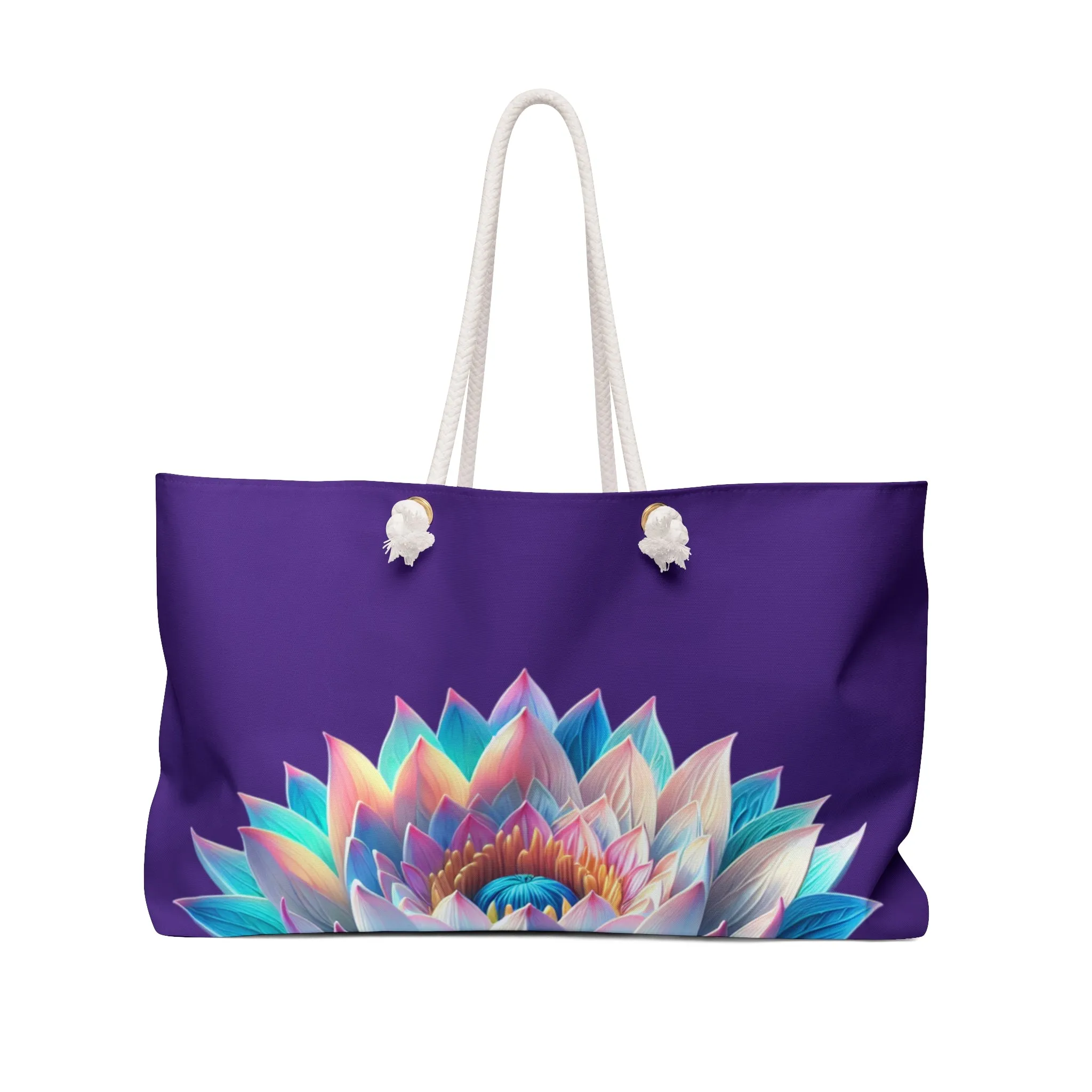 Tote Bag: Priti’s Colorful Lotus Reflection Weekender Bag in Deep Purple - Perfect for Travel & Yoga Retreats