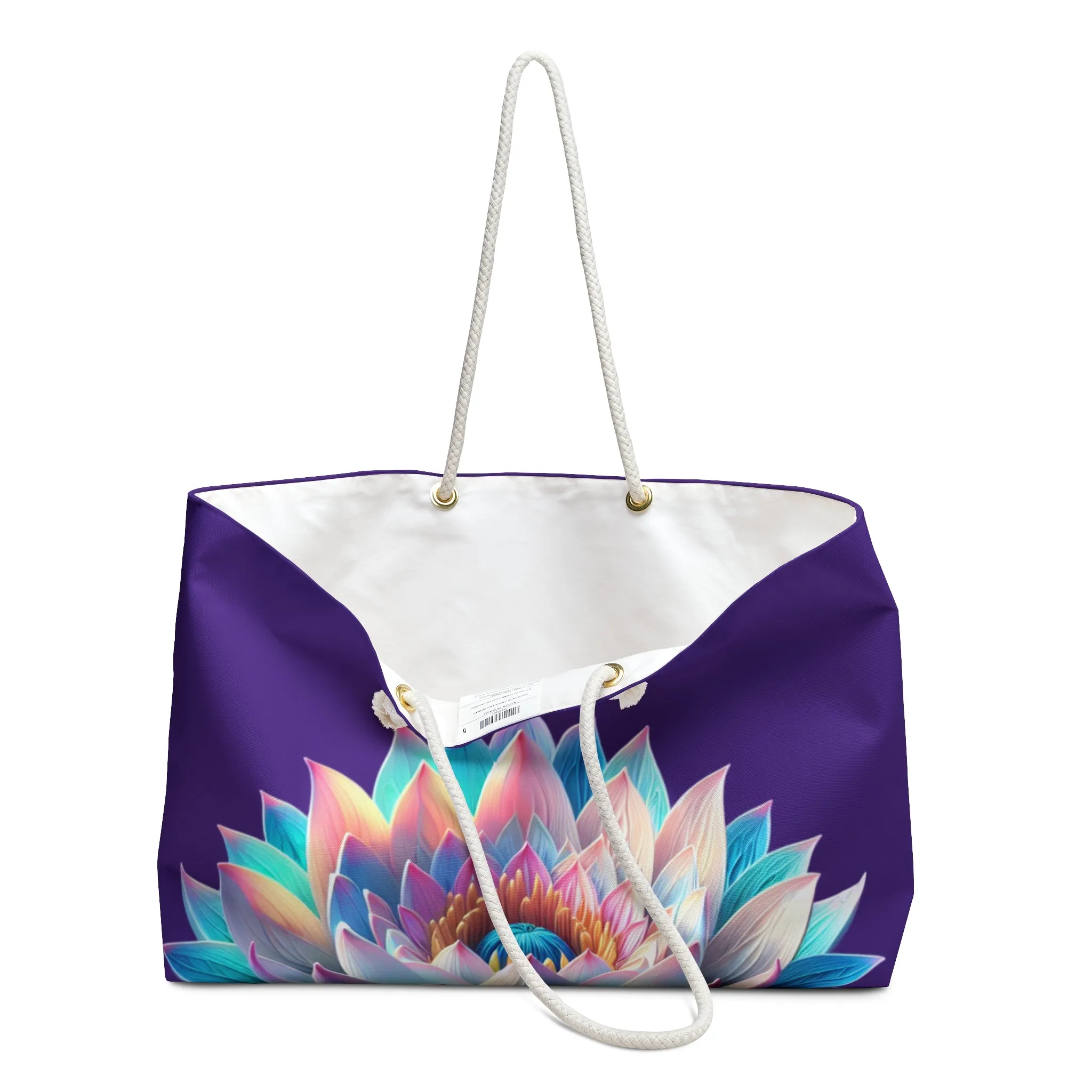 Tote Bag: Priti’s Colorful Lotus Reflection Weekender Bag in Deep Purple - Perfect for Travel & Yoga Retreats