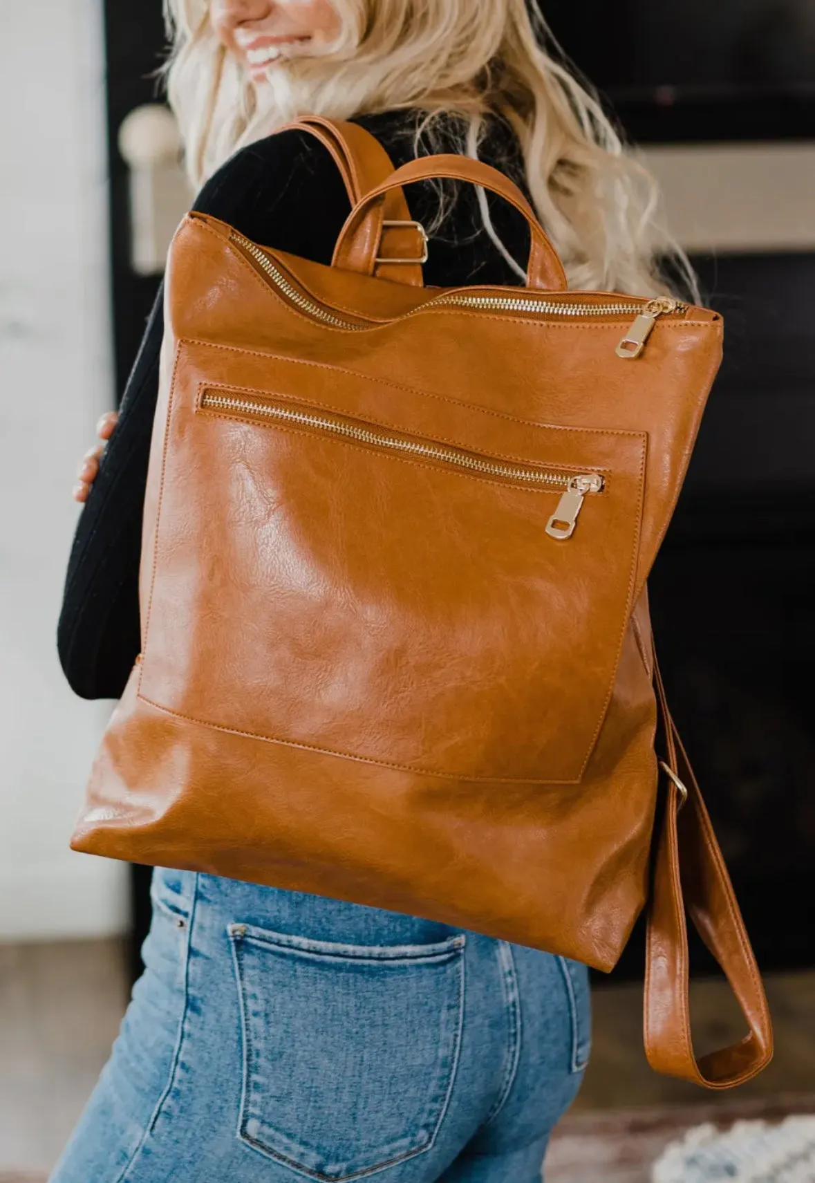 Vegan Leather Backpack-Camel