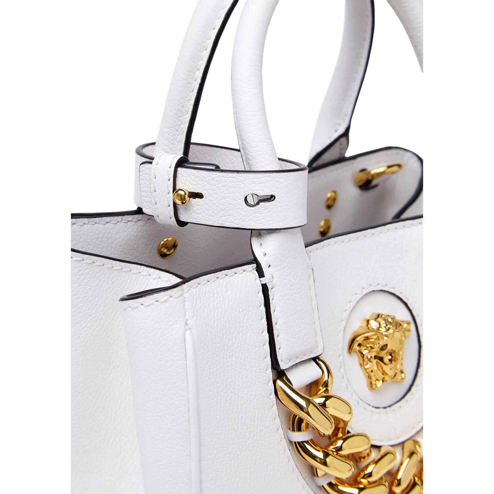 Versace La Medusa Gold Plaque White Leather Small Crossbody Tote Bag