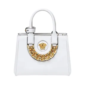 Versace La Medusa Gold Plaque White Leather Small Crossbody Tote Bag