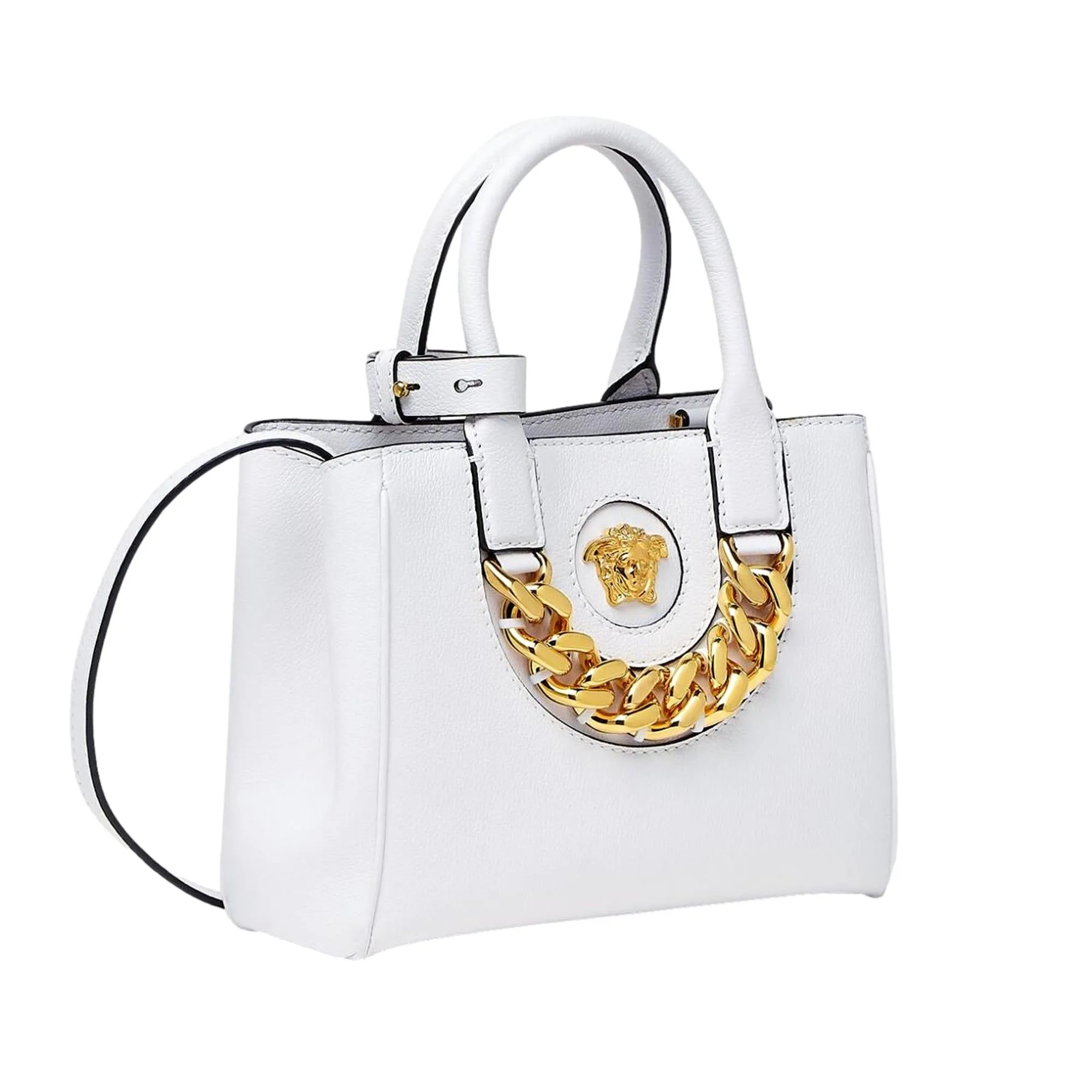 Versace La Medusa Gold Plaque White Leather Small Crossbody Tote Bag