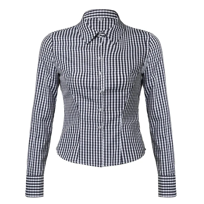 Vintage Fashion Blue Plaid Blouses Female Long Sleeve Spring Autumn New Shirt Buttons Slim Vintage Cardigan Clothing