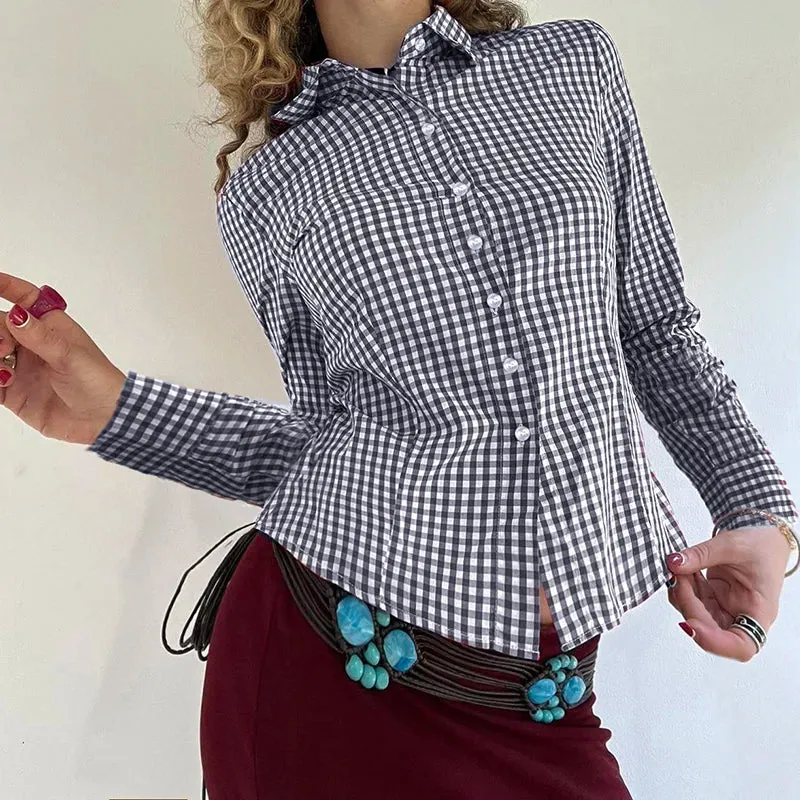 Vintage Fashion Blue Plaid Blouses Female Long Sleeve Spring Autumn New Shirt Buttons Slim Vintage Cardigan Clothing