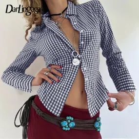 Vintage Fashion Blue Plaid Blouses Female Long Sleeve Spring Autumn New Shirt Buttons Slim Vintage Cardigan Clothing