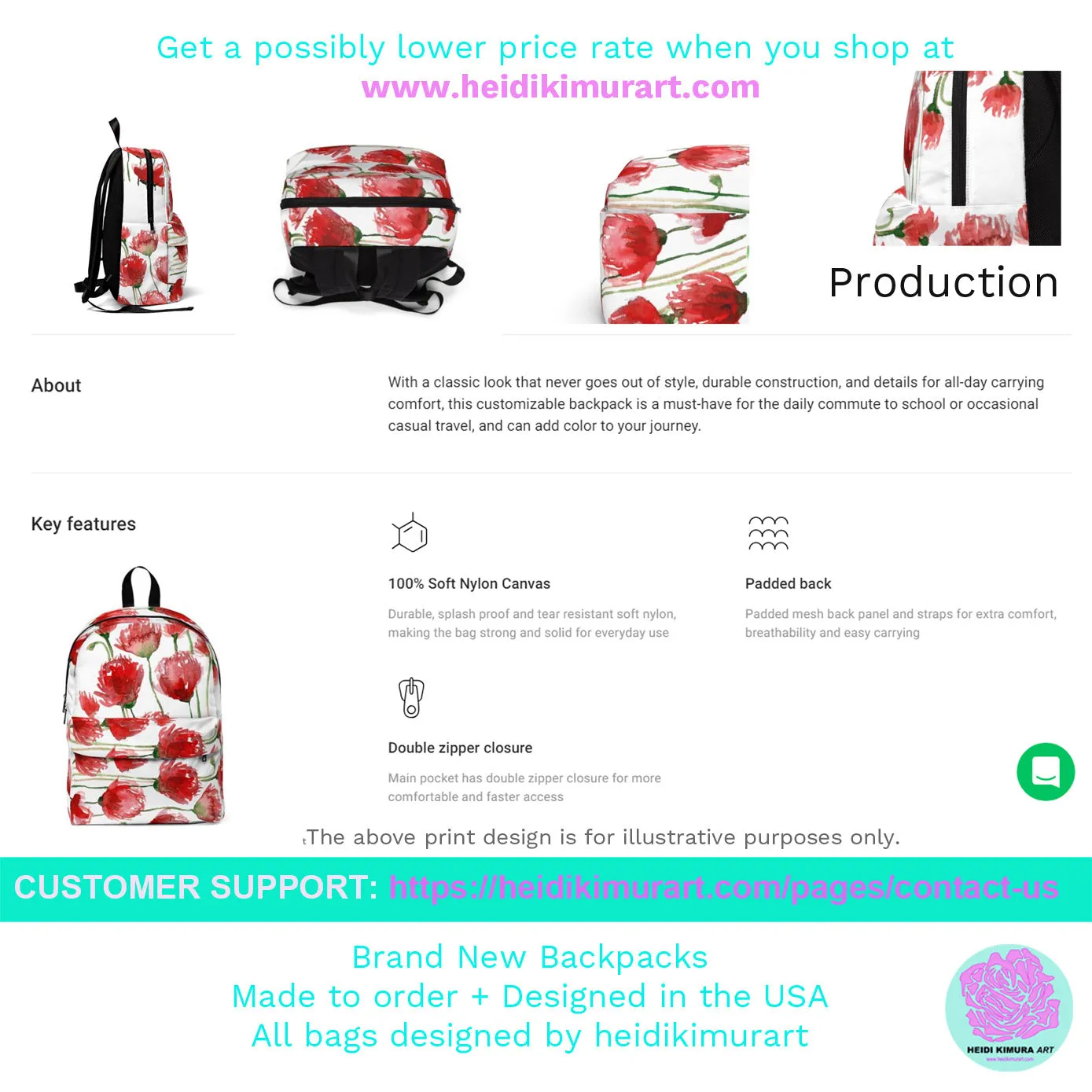 White Red Poppy Backpack, Best Flower Floral Print Unisex Large Classic Designer Backpack