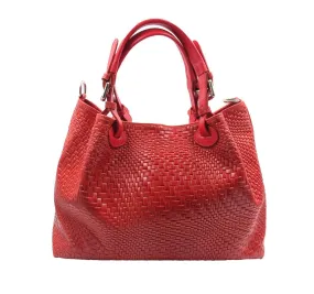 Woven Braided Style Red Genuine Leather Medium Handbag Made In Italy