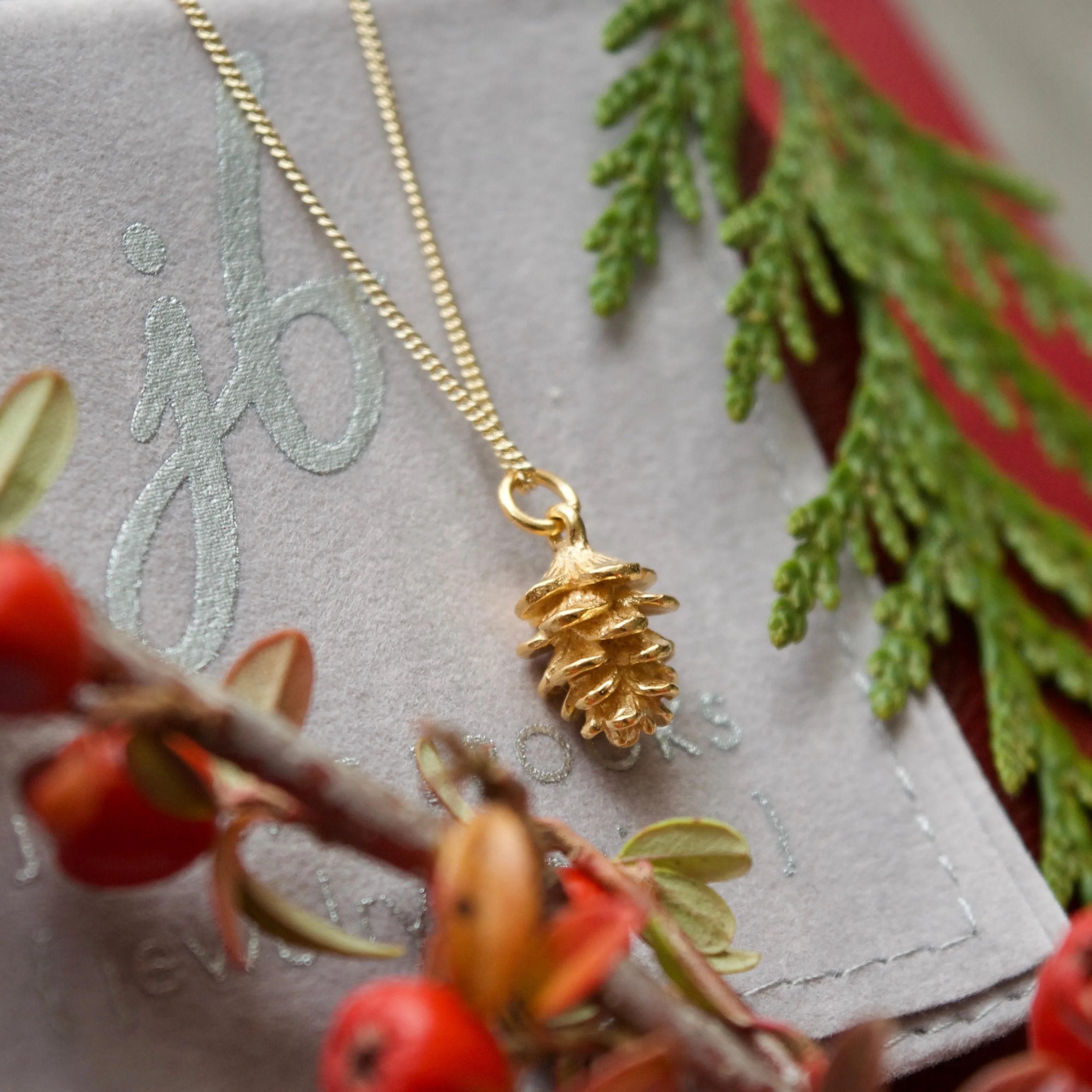 Yellow Gold Tiny Pinecone Charm Necklace - pre order Sept 11 shipping